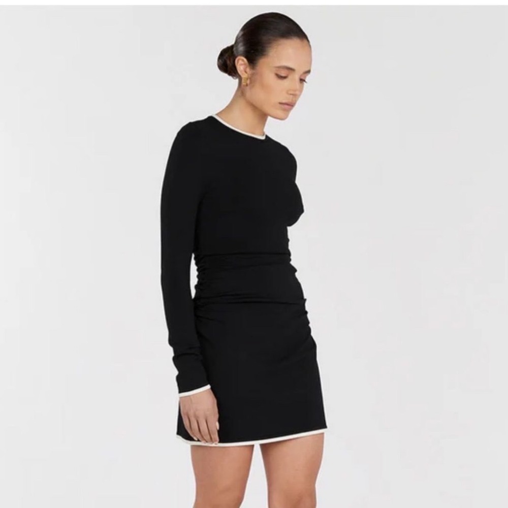 DISSH Roma Black Long Sleeve Ruched Mini Dress Contrast Trim Size L Goth Classic